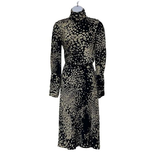 Tuleh Black Gold Animal Leopard Print 100% Silk High Neck Blouson Midi Dress XS - Picture 1 of 12